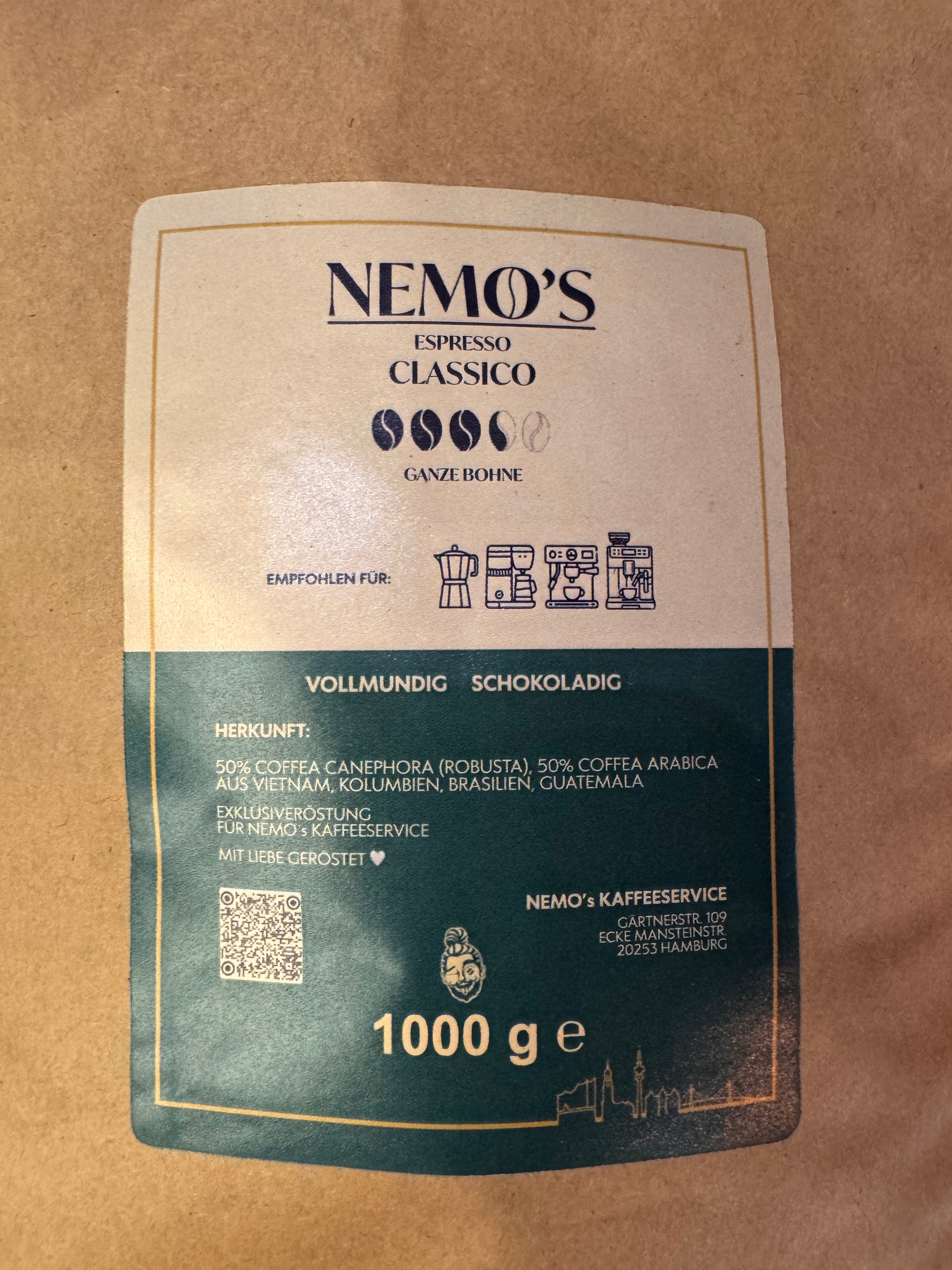 Espresso Classico 1000g, 50% Robusta 50% Arabica, Intensität kräftig - nemoskaffeeservice