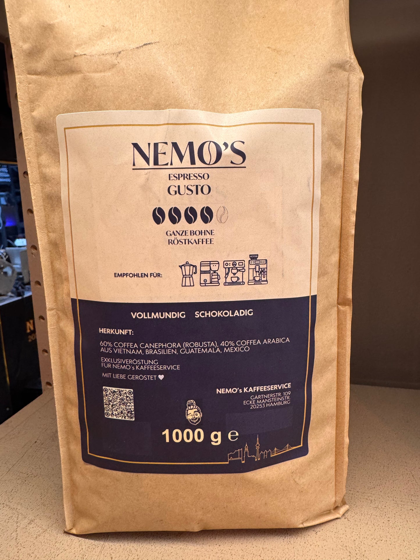 Espresso Gusto 1000g, 60% Robusta 40% Arabica, Intensität kräftig - nemoskaffeeservice